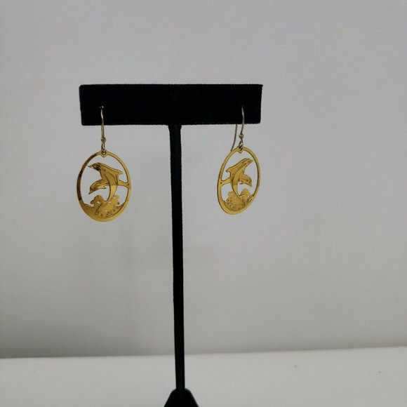 Vintage Leighton Lam Gold Tone Dolphin Earrings - Picture 1 of 6